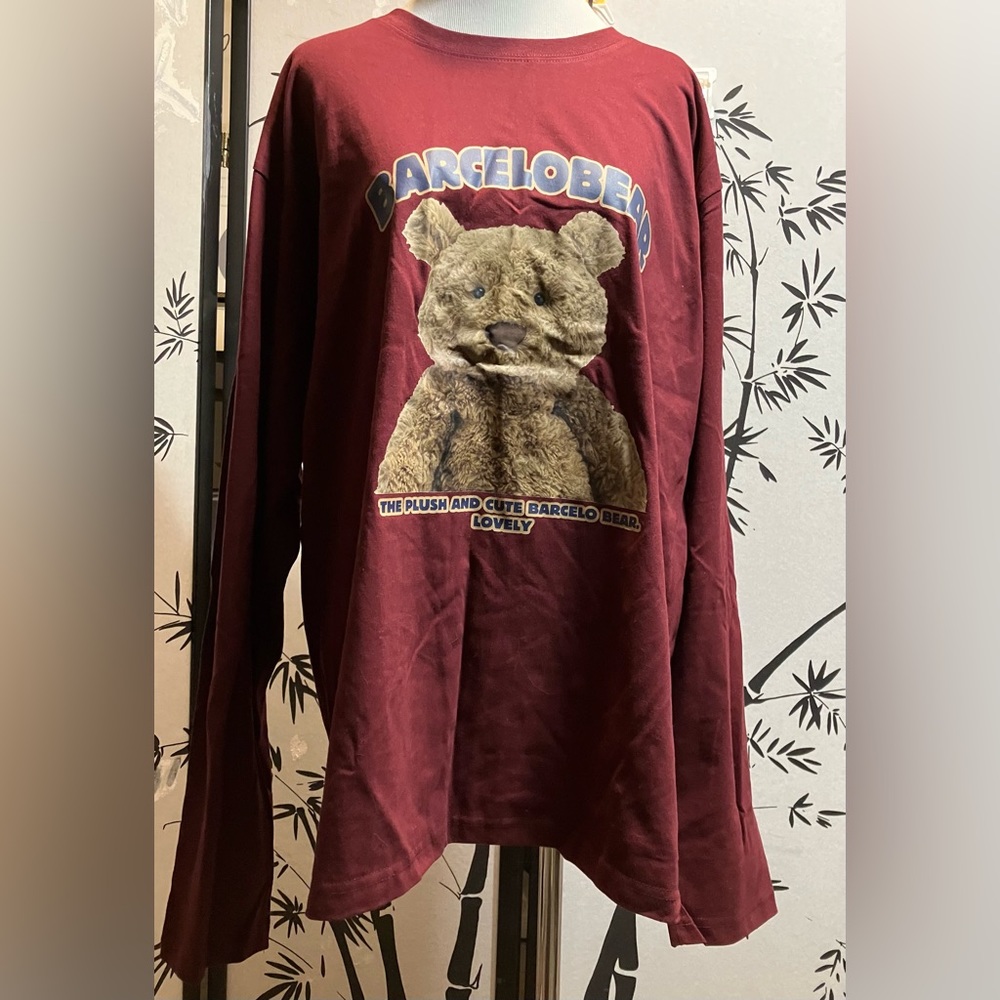 HeyBig Teddy Bear 100% Cotton Long Selves T Shirt - Sz 2XL Wine Red